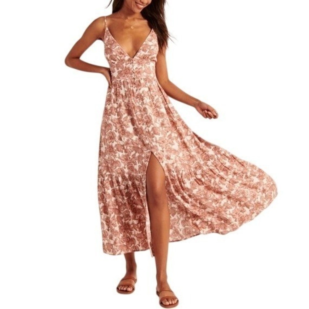 Abercrombie & Fitch Floral Linen Blend Maxi Dress Cream Terracotta Large NEW